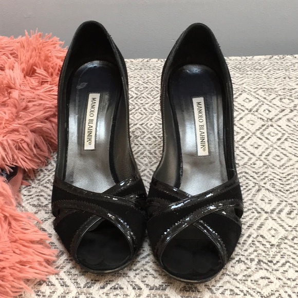 Manolo Blahnik black suede peep toe heels - Picture 2 of 5